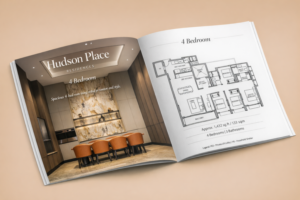 Open brochure showing Hudson Place Residences 4‑Bedroom floor plan