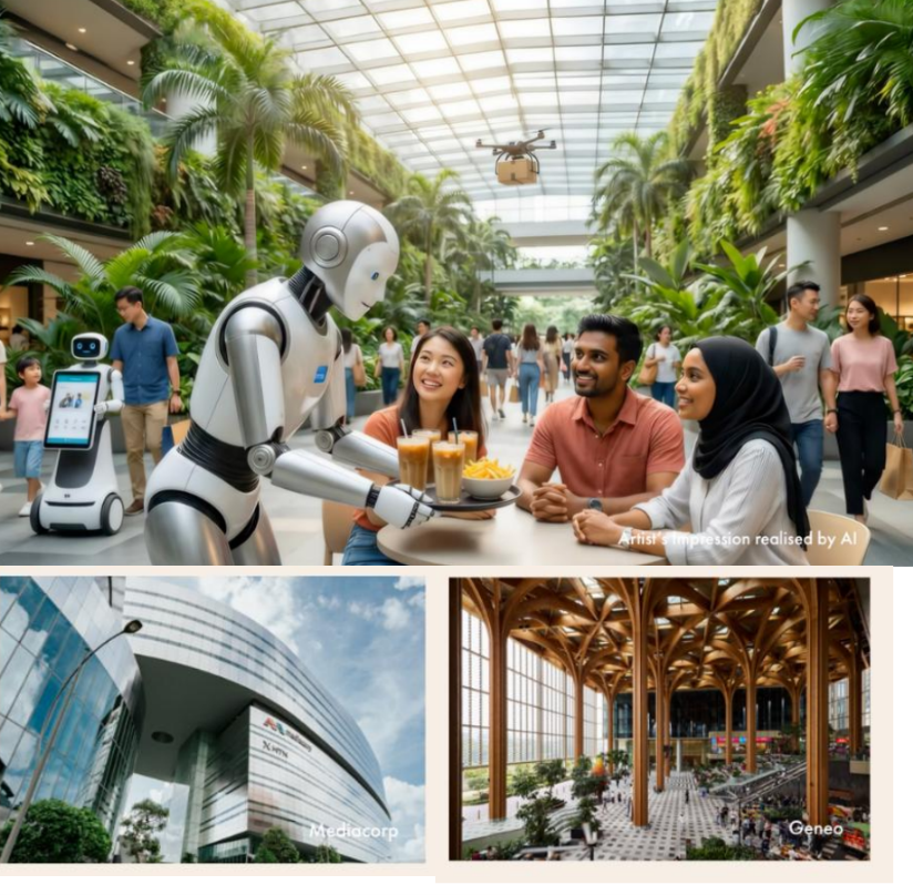 Hudson Place near One North. A modern collage showcasing one‑north’s innovation district, featuring futuristic architecture, tech‑driven environments, and lifestyle spaces.